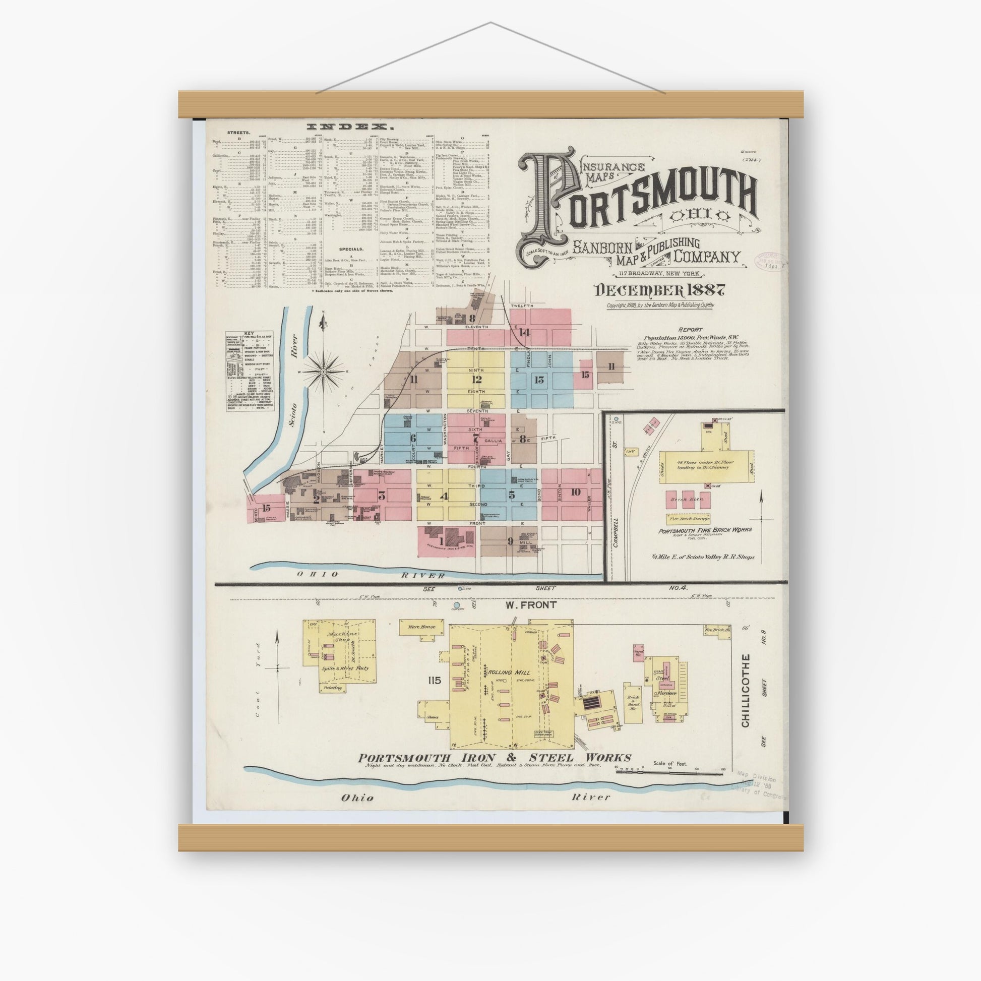 Old map wall art mockup — magnetic wood frame on white wall — Sanborn Fire Insurance Map from Portsmouth, Scioto County, Ohio (1887) - Complete Map Set