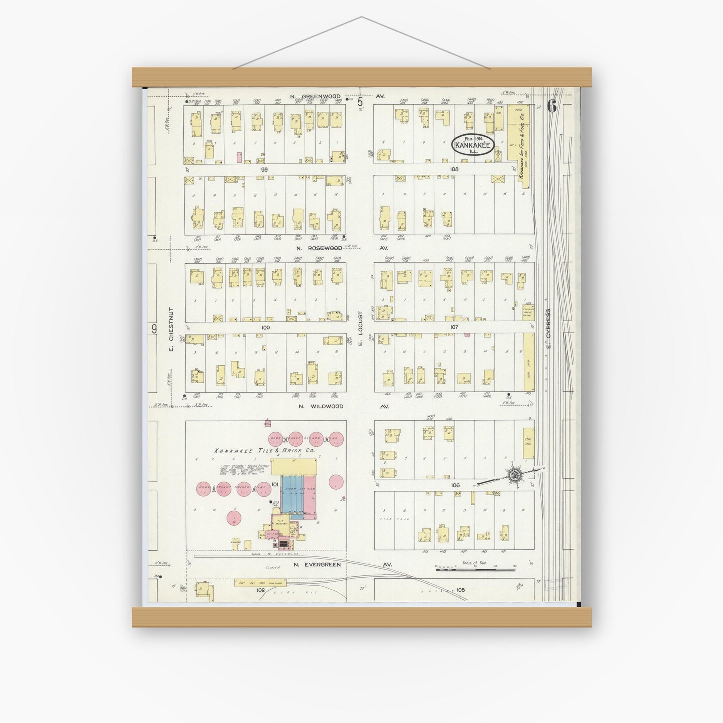 Old map wall art mockup — magnetic wood frame on white wall — Sanborn Fire Insurance Map from Kankakee, Kankakee County, Illinois (1914), Sheet #0006