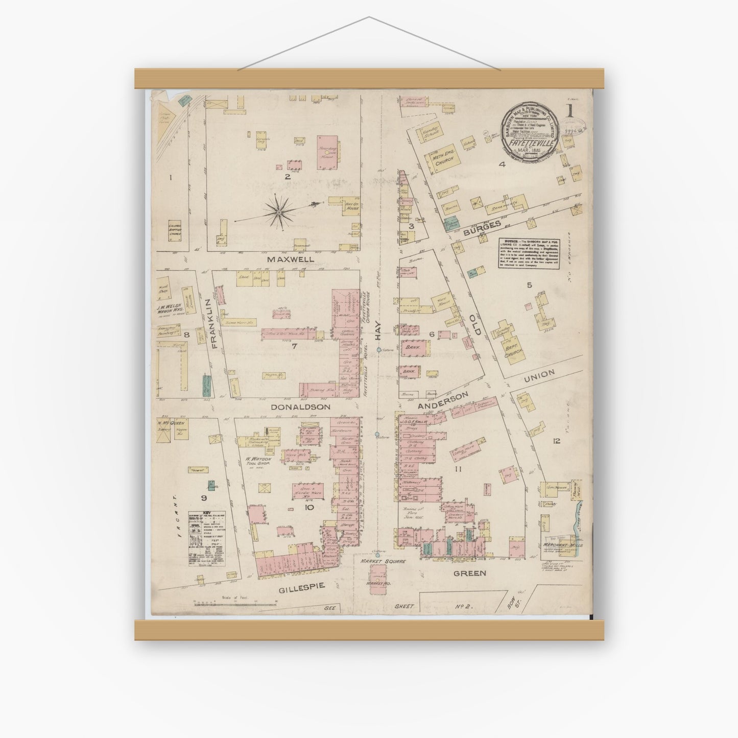 Old map wall art mockup — magnetic wood frame on white wall — Sanborn Fire Insurance Map from Fayetteville, Cumberland County, North Carolina (1885) - Complete Map Set