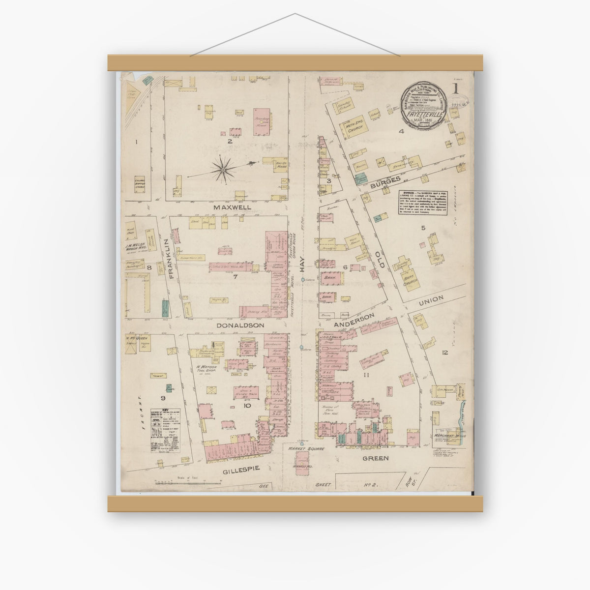 Old map wall art mockup — magnetic wood frame on white wall — Sanborn Fire Insurance Map from Fayetteville, Cumberland County, North Carolina (1885) - Complete Map Set