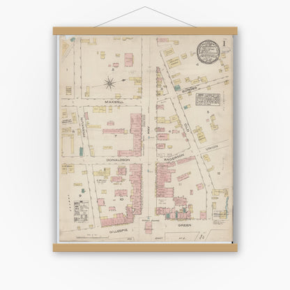 Old map wall art mockup — magnetic wood frame on white wall — Sanborn Fire Insurance Map from Fayetteville, Cumberland County, North Carolina (1885) - Complete Map Set