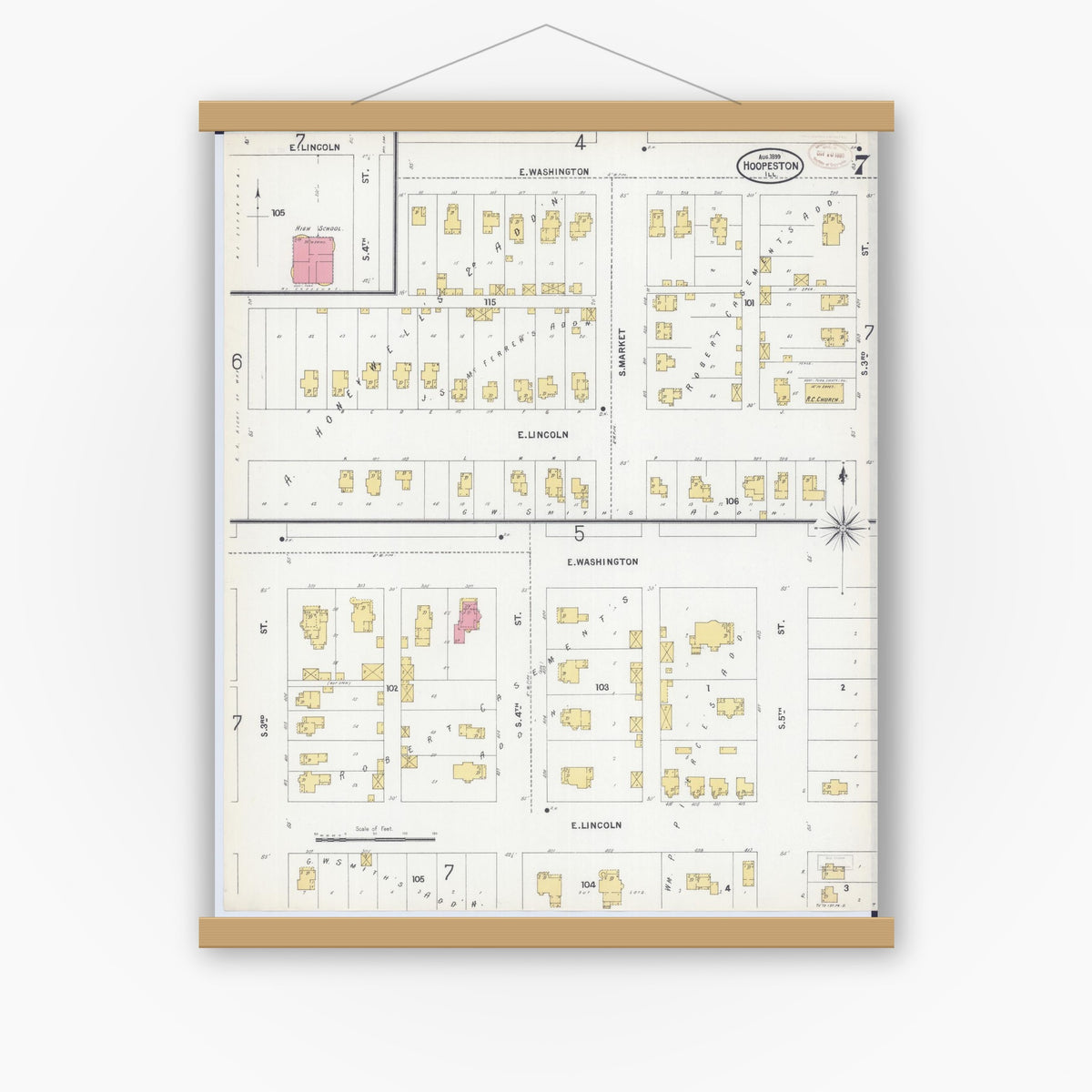 Old map wall art mockup — magnetic wood frame on white wall — Sanborn Fire Insurance Map from Hoopeston, Vermilion County, Illinois (1899), Sheet #0007