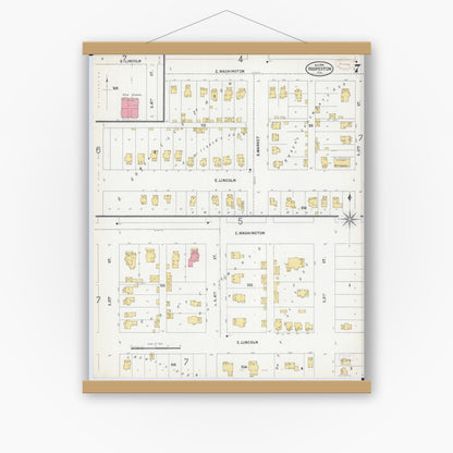 Old map wall art mockup — magnetic wood frame on white wall — Sanborn Fire Insurance Map from Hoopeston, Vermilion County, Illinois (1899), Sheet #0007