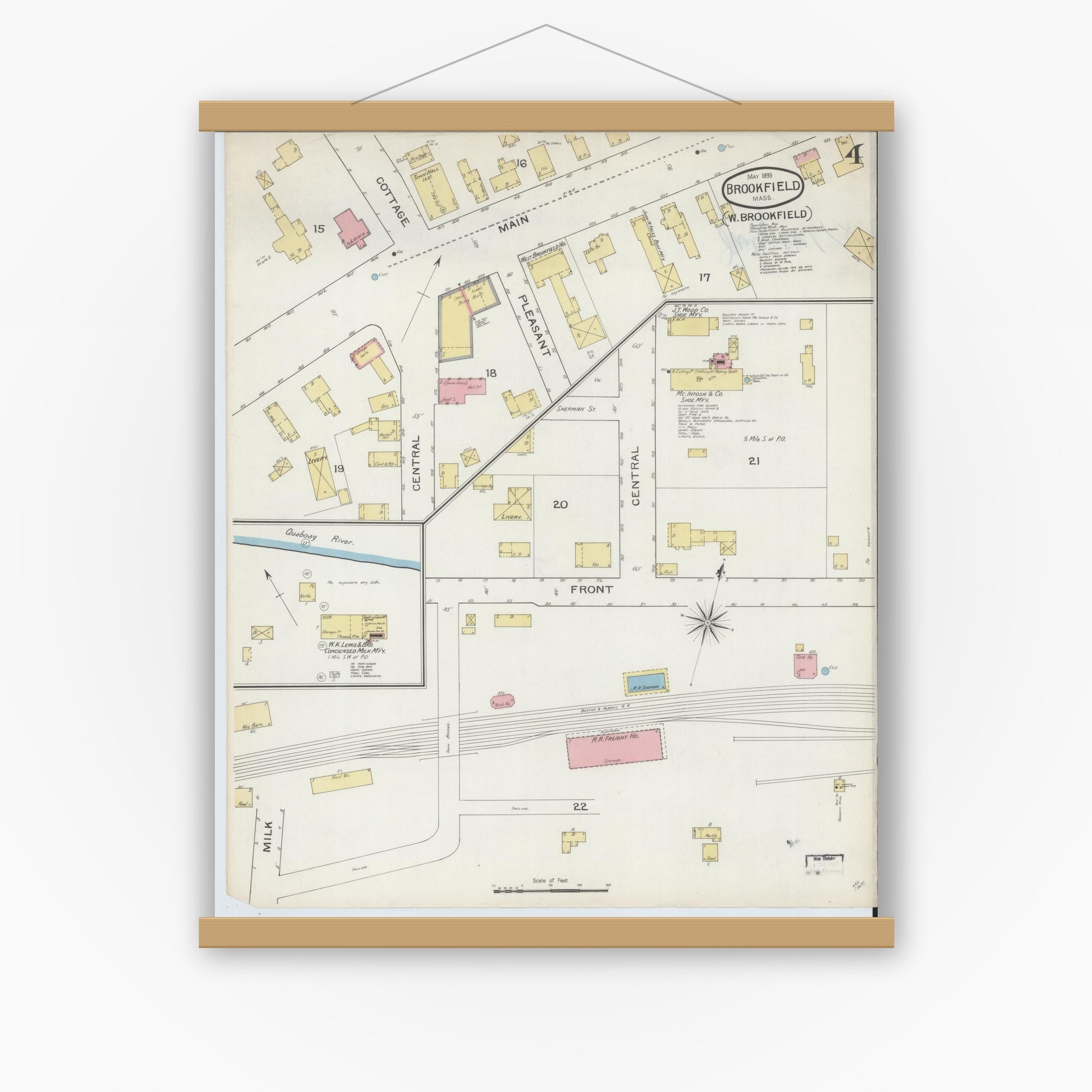 Old map wall art mockup — magnetic wood frame on white wall — Sanborn Fire Insurance Map from Brookfield, Worcester County, Massachusetts (1893), Sheet #0004