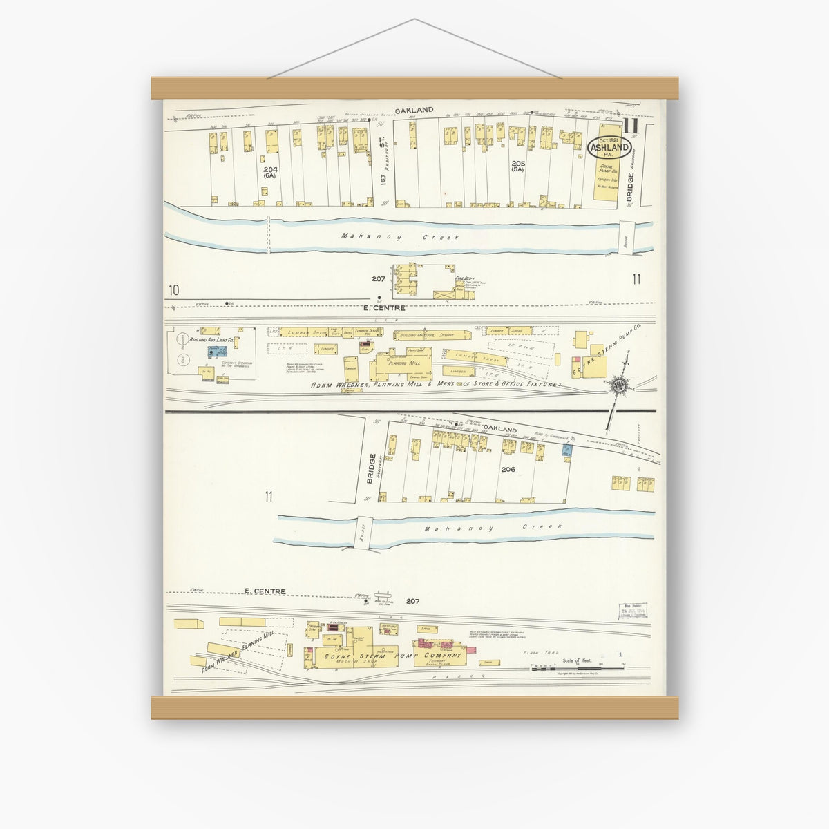 Old map wall art mockup — magnetic wood frame on white wall — Sanborn Fire Insurance Map from Ashland, Schuylkill County, Pennsylvania (1921), Sheet #0011