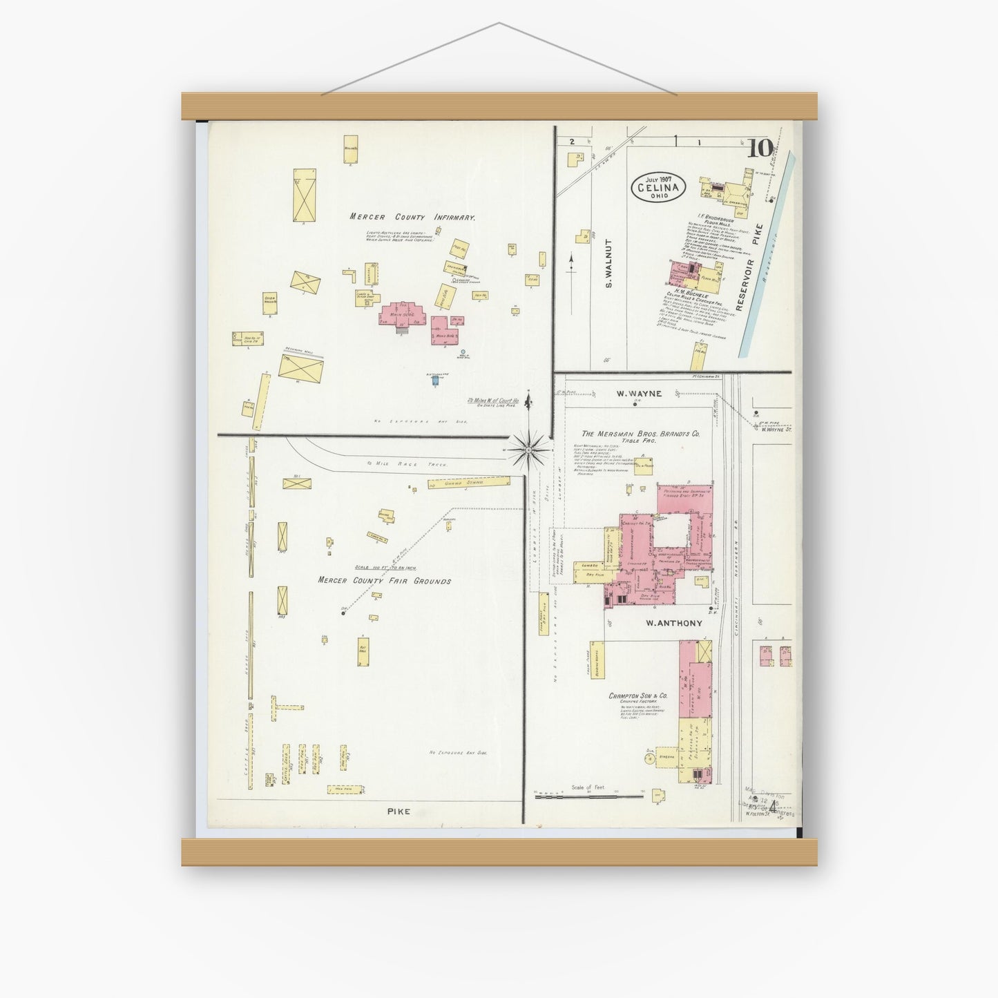 Old map wall art mockup — magnetic wood frame on white wall — Sanborn Fire Insurance Map from Celina, Mercer County, Ohio (1907), Sheet #0010
