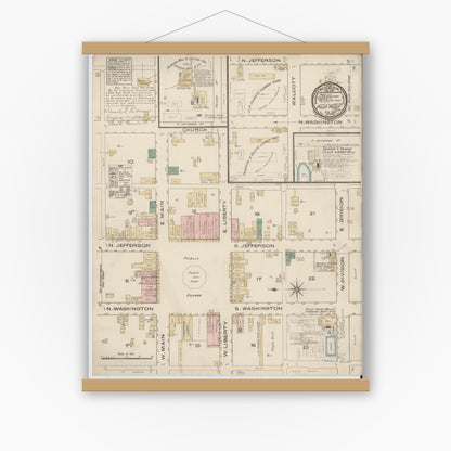 Old map wall art mockup — magnetic wood frame on white wall — Sanborn Fire Insurance Map from Pilot Point, Denton County, Texas (1885), Sheet #0001
