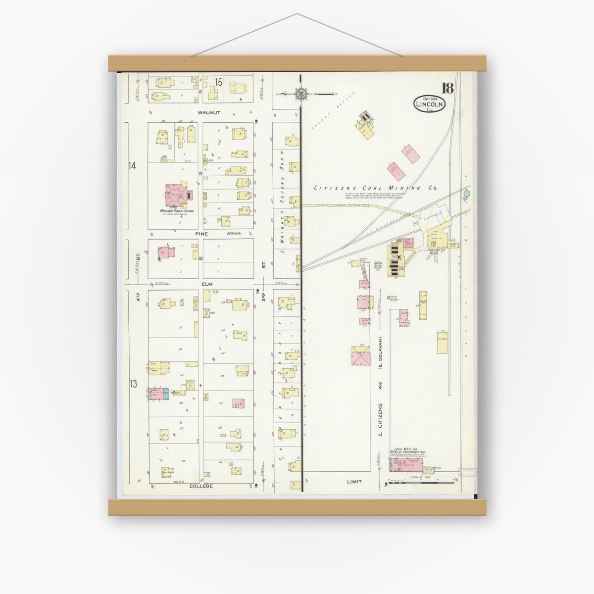 Old map wall art mockup — magnetic wood frame on white wall — Sanborn Fire Insurance Map from Lincoln, Logan County, Illinois (1914), Sheet #0018