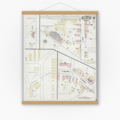 Old map wall art mockup — magnetic wood frame on white wall — Sanborn Fire Insurance Map from Washington, Washington County, Pennsylvania (1891), Sheet #0008