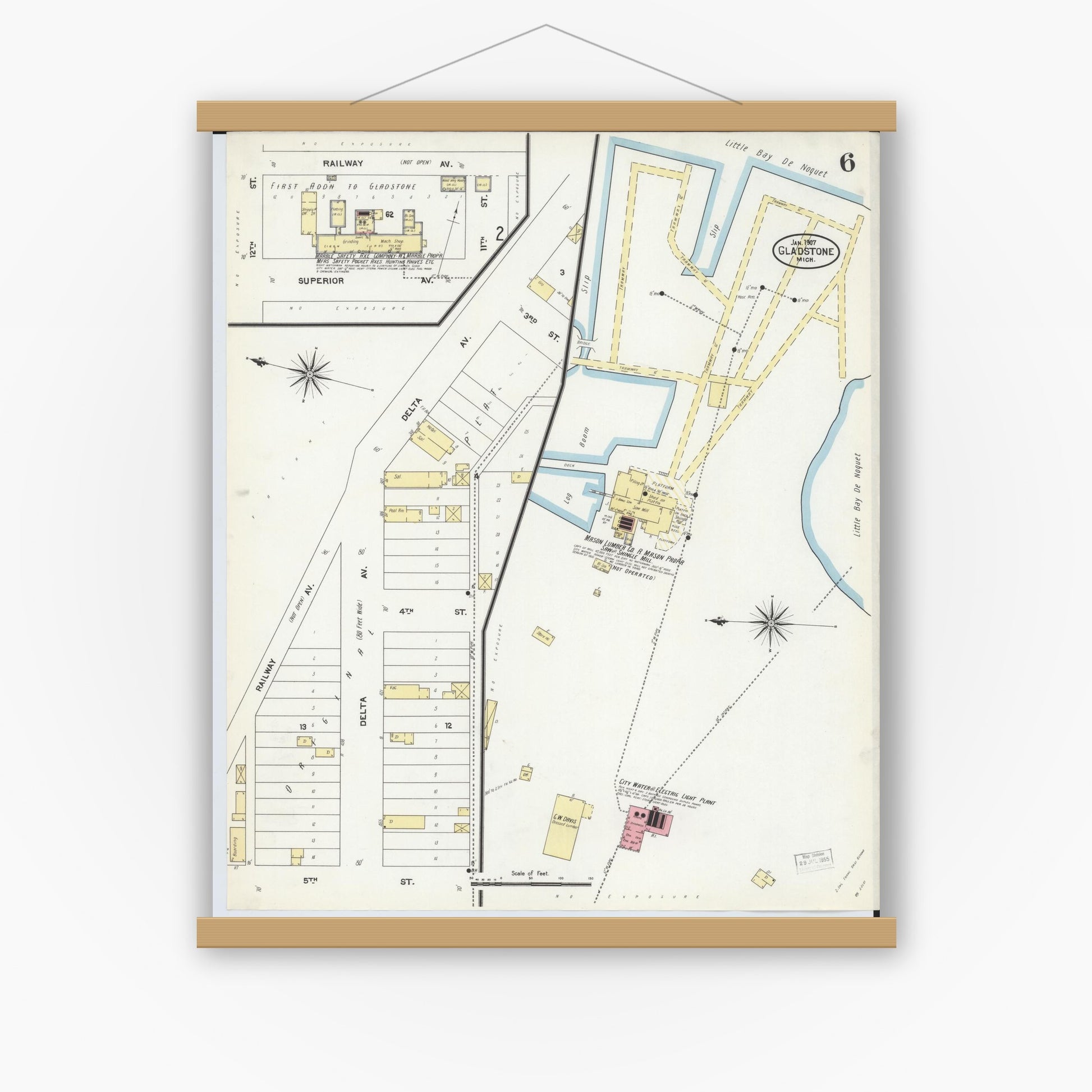Old map wall art mockup — magnetic wood frame on white wall — Sanborn Fire Insurance Map from Gladstone, Delta County, Michigan (1907), Sheet #0006