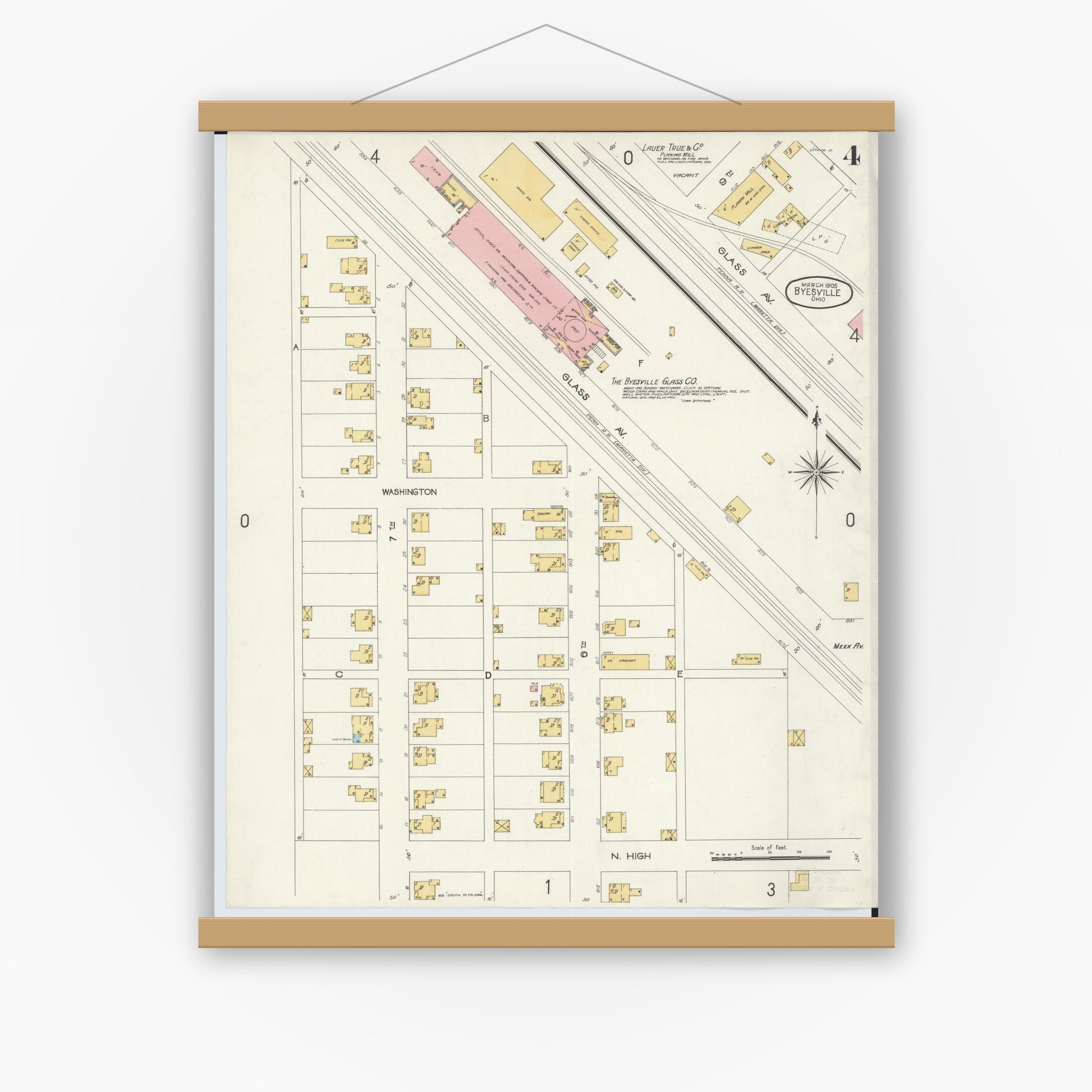 Old map wall art mockup — magnetic wood frame on white wall — Sanborn Fire Insurance Map from Byesville, Guernsey County, Ohio (1905), Sheet #0004