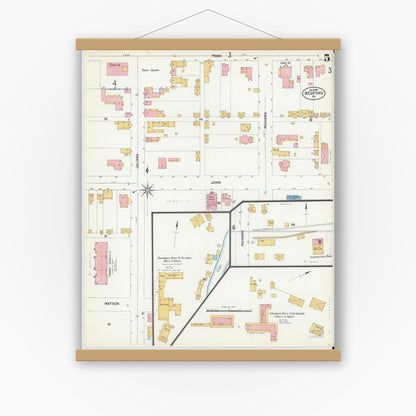 Old map wall art mockup — magnetic wood frame on white wall — Sanborn Fire Insurance Map from Bedford, Bedford County, Pennsylvania (1901), Sheet #0005