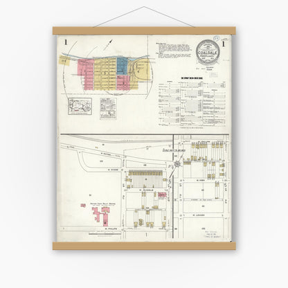 Old map wall art mockup — magnetic wood frame on white wall — Sanborn Fire Insurance Map from Coaldale, Schuylkill County, Pennsylvania (1923), Sheet #0001