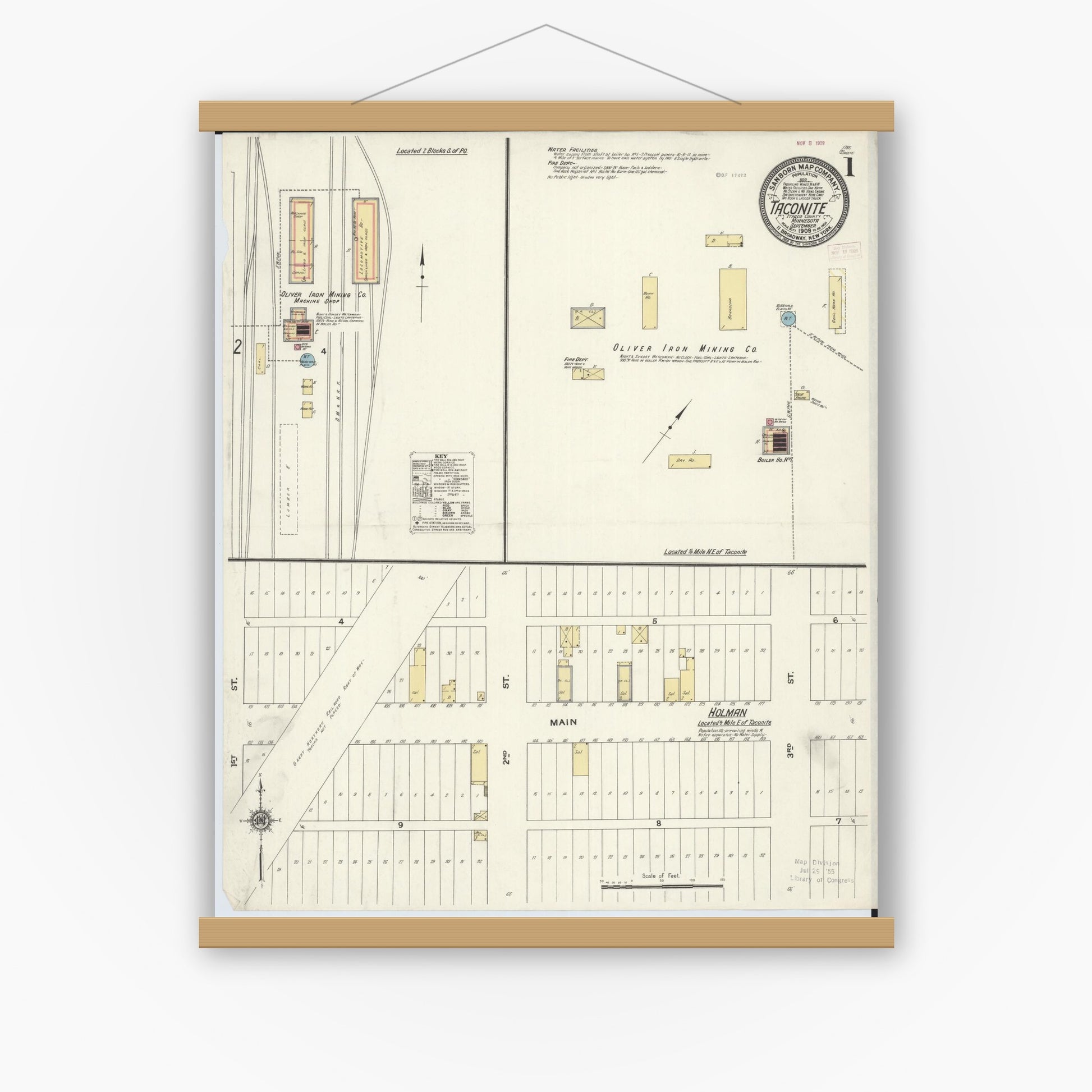Old map wall art mockup — magnetic wood frame on white wall — Sanborn Fire Insurance Map from Taconite, Ltasca County, Minnesota (1909) - Complete Map Set
