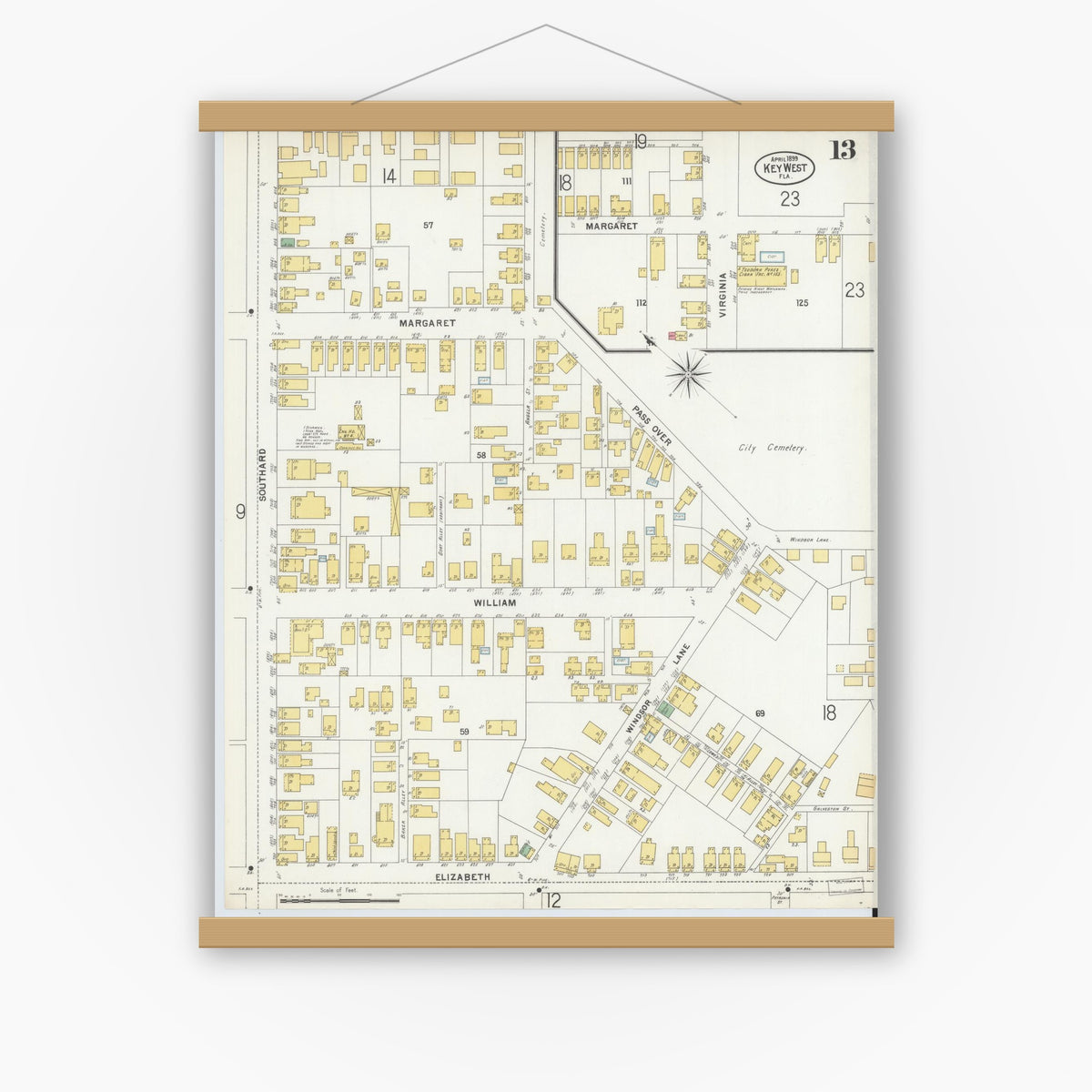 Old map wall art mockup — magnetic wood frame on white wall — Sanborn Fire Insurance Map from Key West, Monroe County, Florida (1899), Sheet #0013