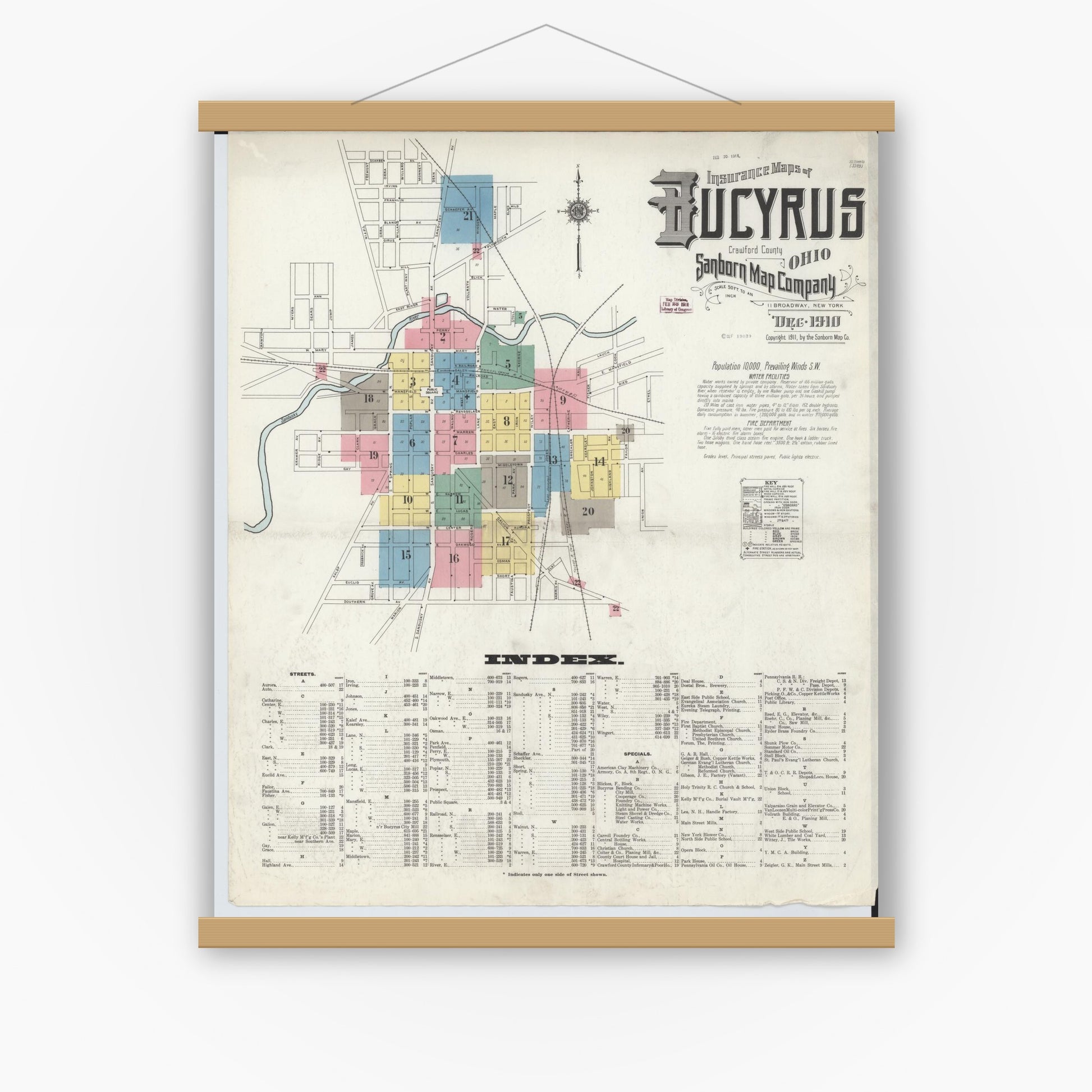 Old map wall art mockup — magnetic wood frame on white wall — Sanborn Fire Insurance Map from Bucyrus, Crawford County, Ohio (1910) - Complete Map Set
