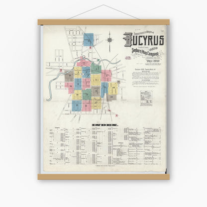 Old map wall art mockup — magnetic wood frame on white wall — Sanborn Fire Insurance Map from Bucyrus, Crawford County, Ohio (1910) - Complete Map Set