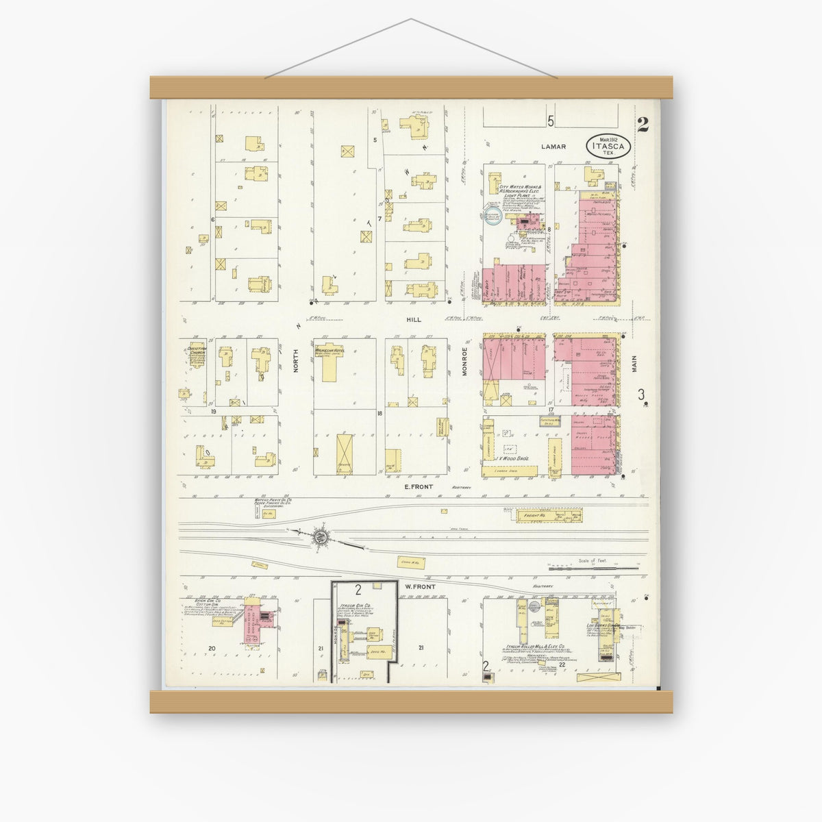 Old map wall art mockup — magnetic wood frame on white wall — Sanborn Fire Insurance Map from Itasca, Hill County, Texas (1912), Sheet #0002