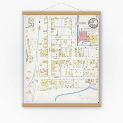 Old map wall art mockup — magnetic wood frame on white wall — Sanborn Fire Insurance Map from Republic, Marquette County, Michigan (1892) - Complete Map Set