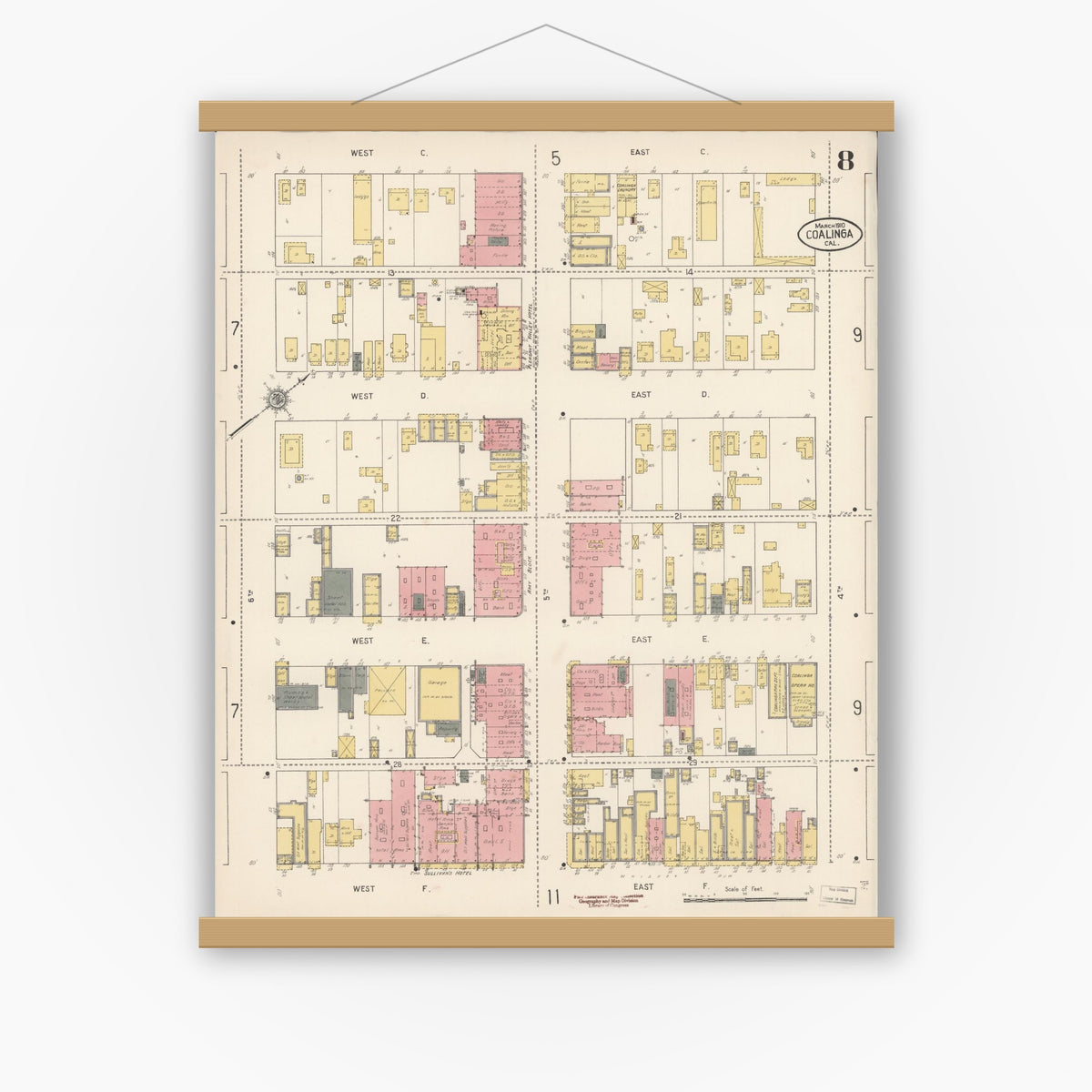 Old map wall art mockup — magnetic wood frame on white wall — Sanborn Fire Insurance Map from Coalinga, Fresno County, California (1910), Sheet #0008