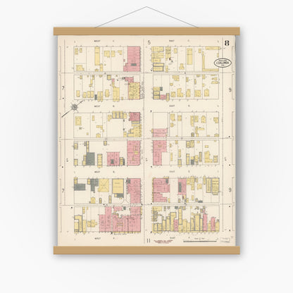 Old map wall art mockup — magnetic wood frame on white wall — Sanborn Fire Insurance Map from Coalinga, Fresno County, California (1910), Sheet #0008