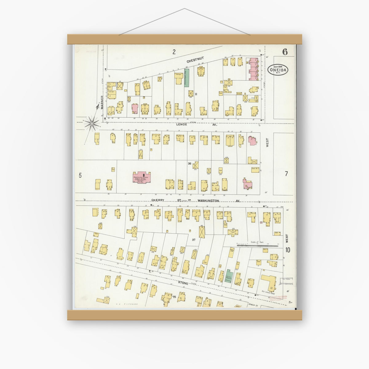 Old map wall art mockup — magnetic wood frame on white wall — Sanborn Fire Insurance Map from Oneida, Madison County, New York (1904), Sheet #0005