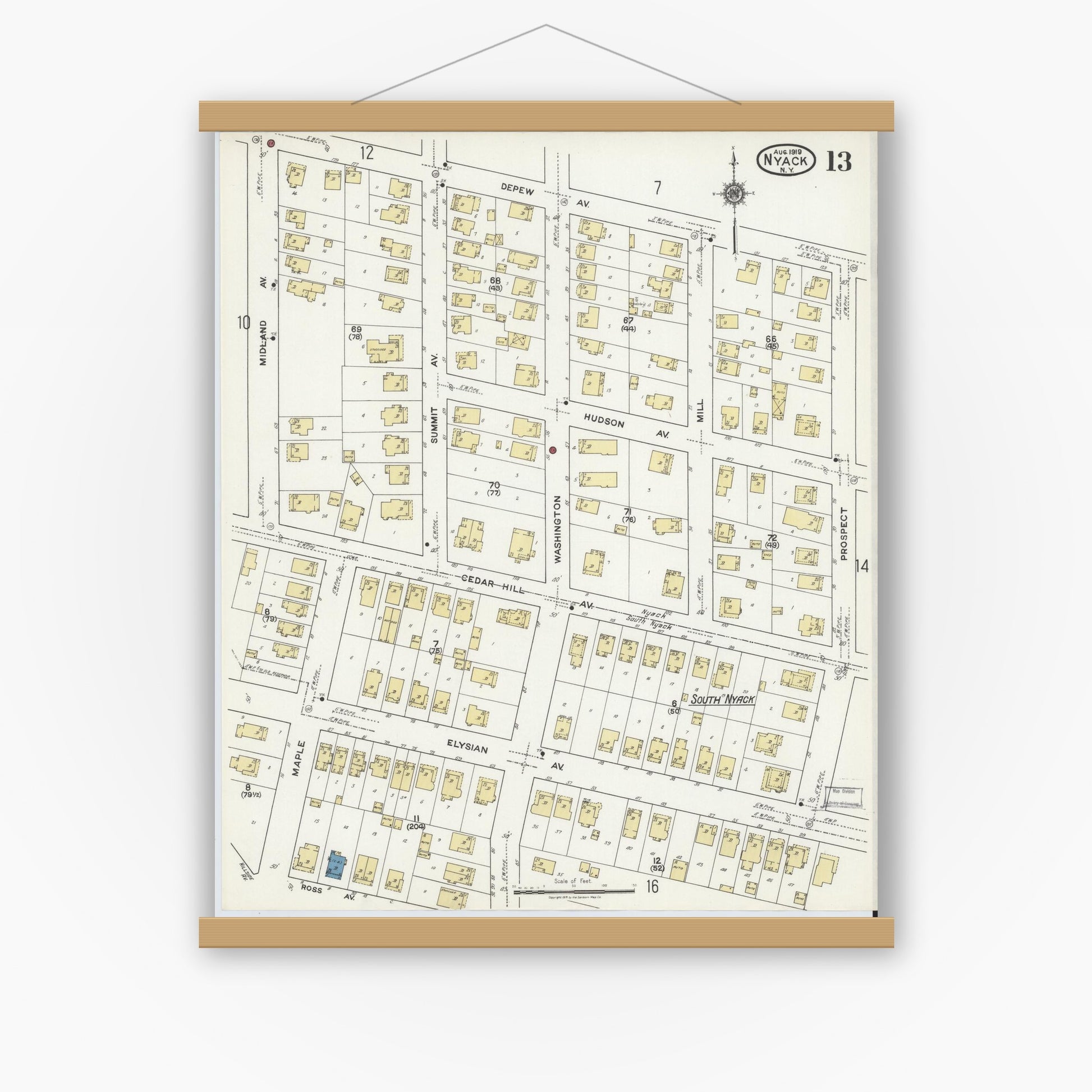Old map wall art mockup — magnetic wood frame on white wall — Sanborn Fire Insurance Map from Nyack, Rockland County, New York. (1919), Sheet #0013