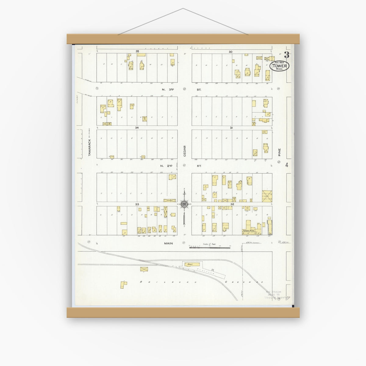 Old map wall art mockup — magnetic wood frame on white wall — Sanborn Fire Insurance Map from Tower, Saint Louis County, Minnesota (1909), Sheet #0003