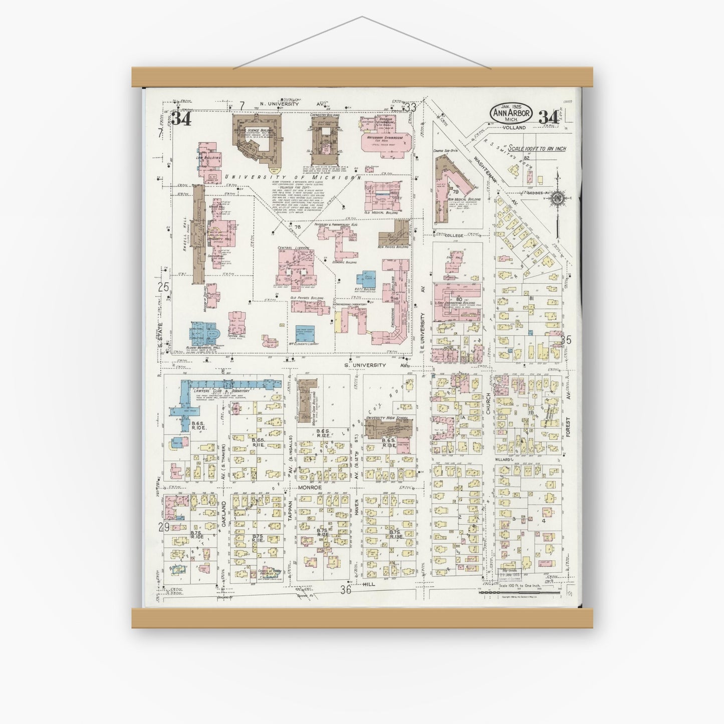 Old map wall art mockup — magnetic wood frame on white wall — Sanborn Fire Insurance Map from Ann Arbor, Washtenaw County, Michigan (1925), Sheet #0034