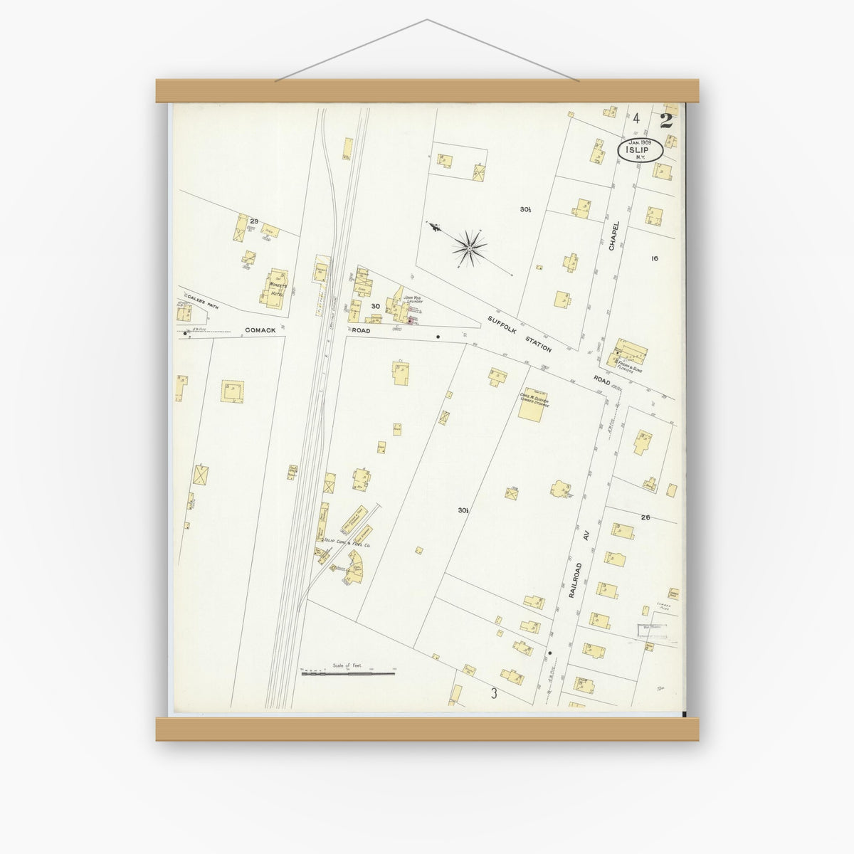 Old map wall art mockup — magnetic wood frame on white wall — Sanborn Fire Insurance Map from Islip, Suffolk County, New York (1909), Sheet #0002