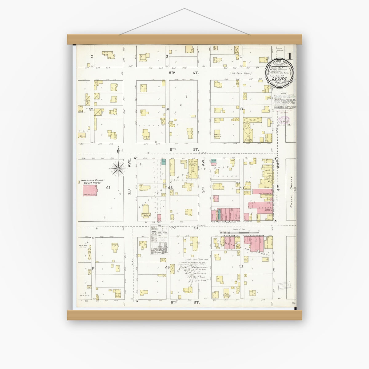Old map wall art mockup — magnetic wood frame on white wall — Sanborn Fire Insurance Map from Logan, Harrison County, Iowa (1893) â€” Complete Set