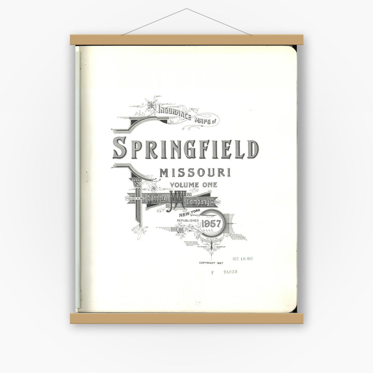 Old map wall art mockup — magnetic wood frame on white wall — Sanborn Fire Insurance Map from Springfield, Greene County, Missouri (1957), Sheet #0001