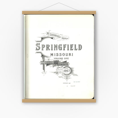 Old map wall art mockup — magnetic wood frame on white wall — Sanborn Fire Insurance Map from Springfield, Greene County, Missouri (1957), Sheet #0001