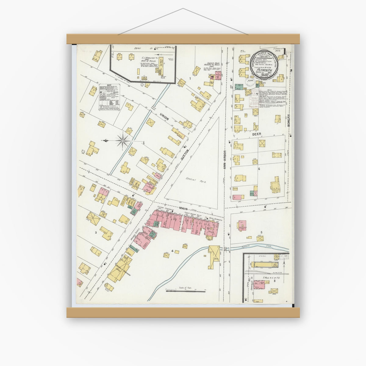 Old map wall art mockup — magnetic wood frame on white wall — Sanborn Fire Insurance Map from Plymouth, Wayne County, Michigan (1899), Sheet #0001