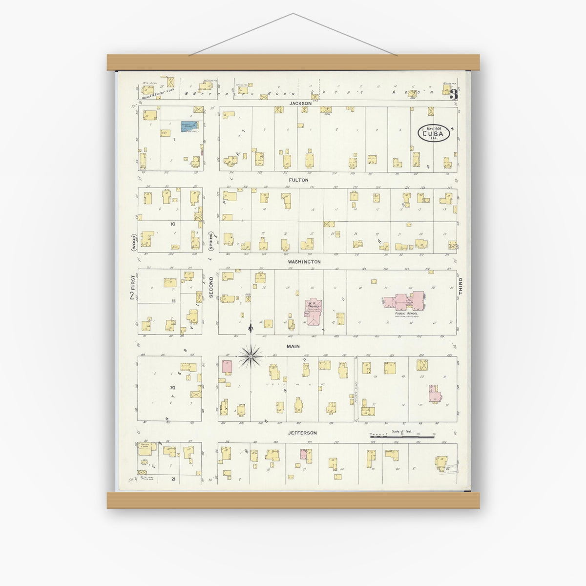 Old map wall art mockup — magnetic wood frame on white wall — Sanborn Fire Insurance Map from Cuba, Fulton County, Illinois (1909), Sheet #0003