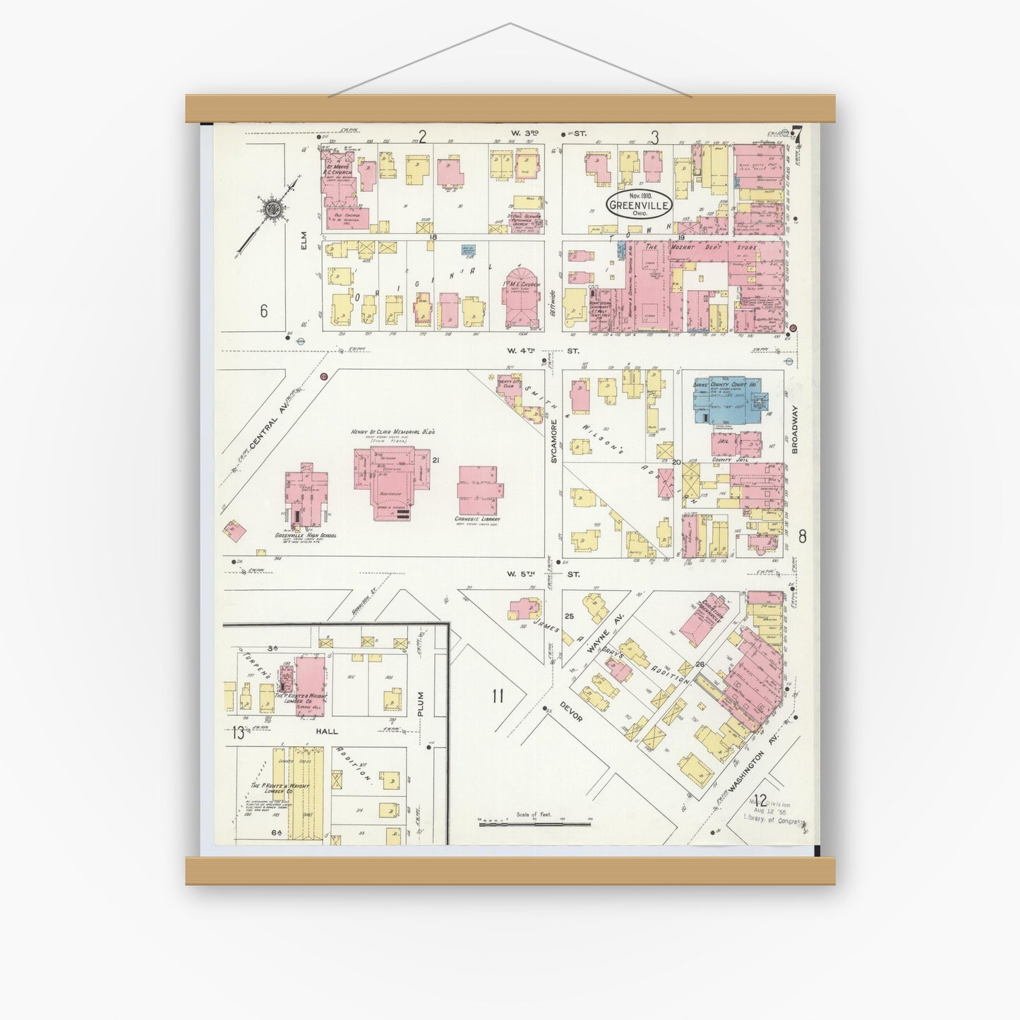 Old map wall art mockup — magnetic wood frame on white wall — Sanborn Fire Insurance Map from Greenville, Darke County, Ohio (1910), Sheet #0007