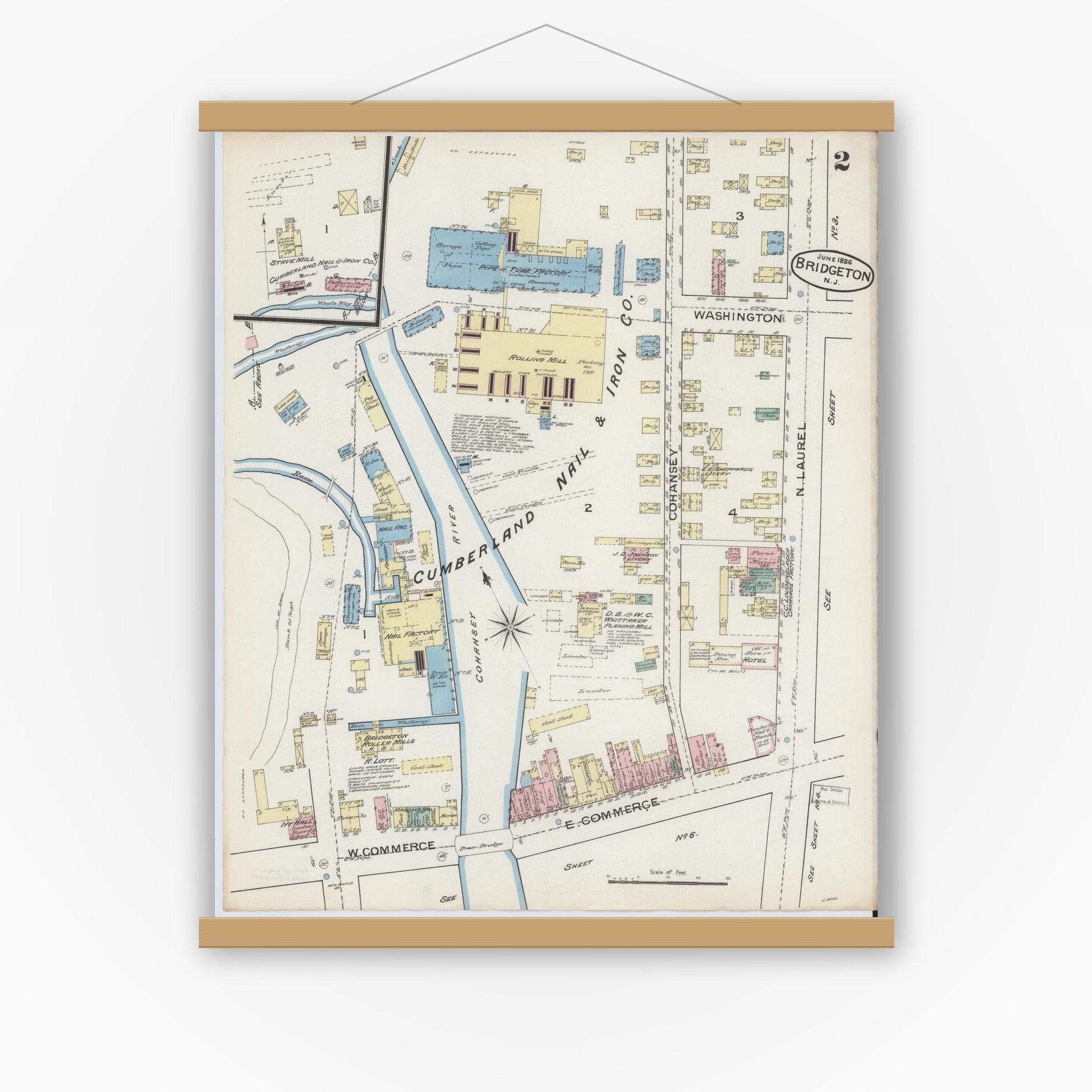 Old map wall art mockup — magnetic wood frame on white wall — Sanborn Fire Insurance Map from Bridgeton, Cumberland County, New Jersey (1886) - Complete Map Set