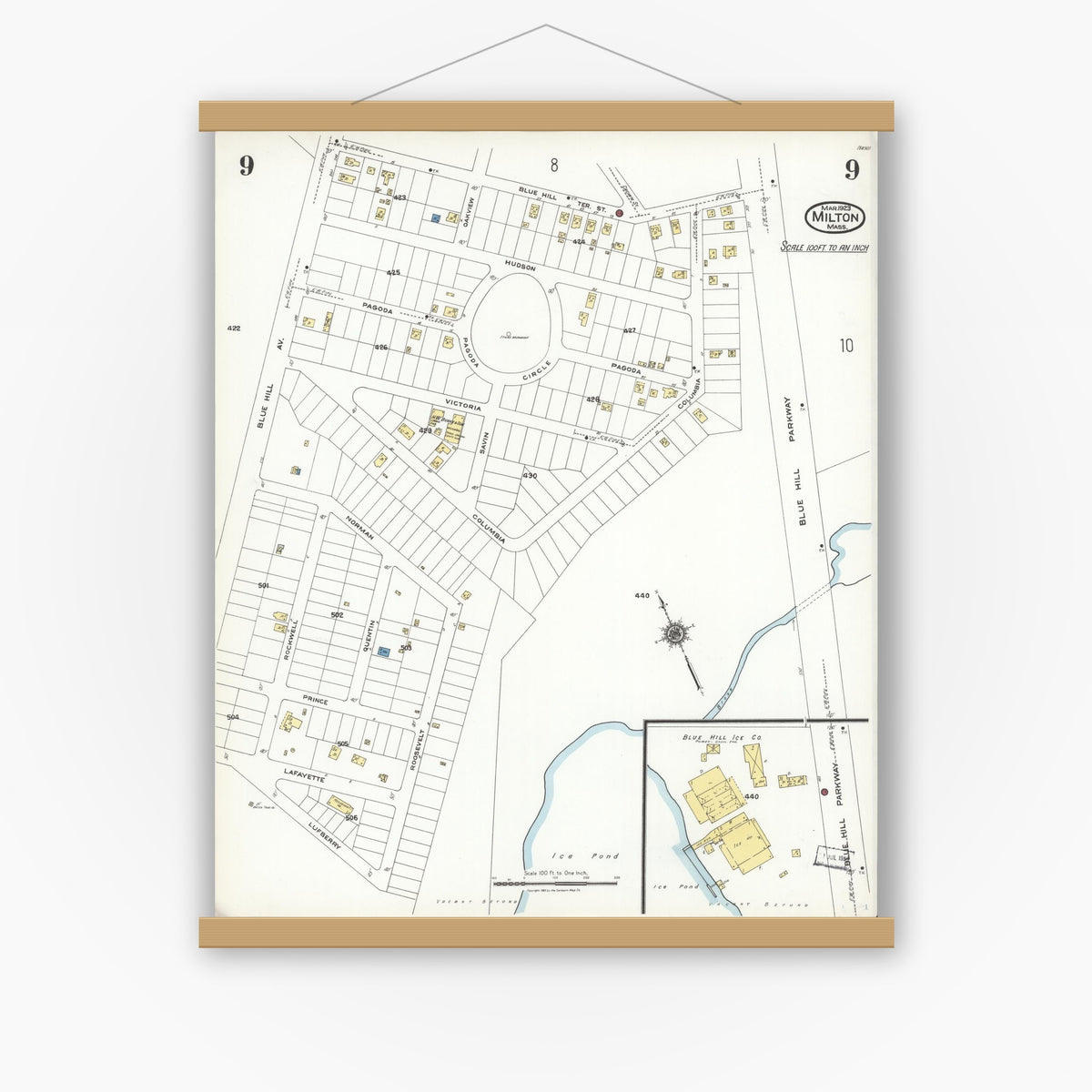 Old map wall art mockup — magnetic wood frame on white wall — Sanborn Fire Insurance Map from Milton, Norfolk County, Massachusetts (1923), Sheet #0009