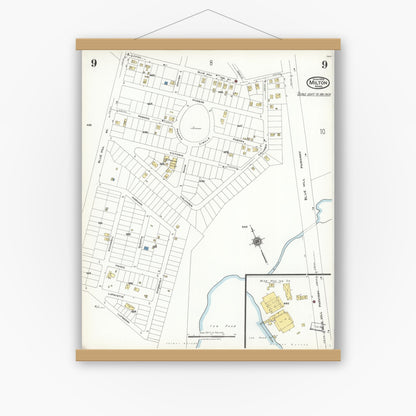 Old map wall art mockup — magnetic wood frame on white wall — Sanborn Fire Insurance Map from Milton, Norfolk County, Massachusetts (1923), Sheet #0009
