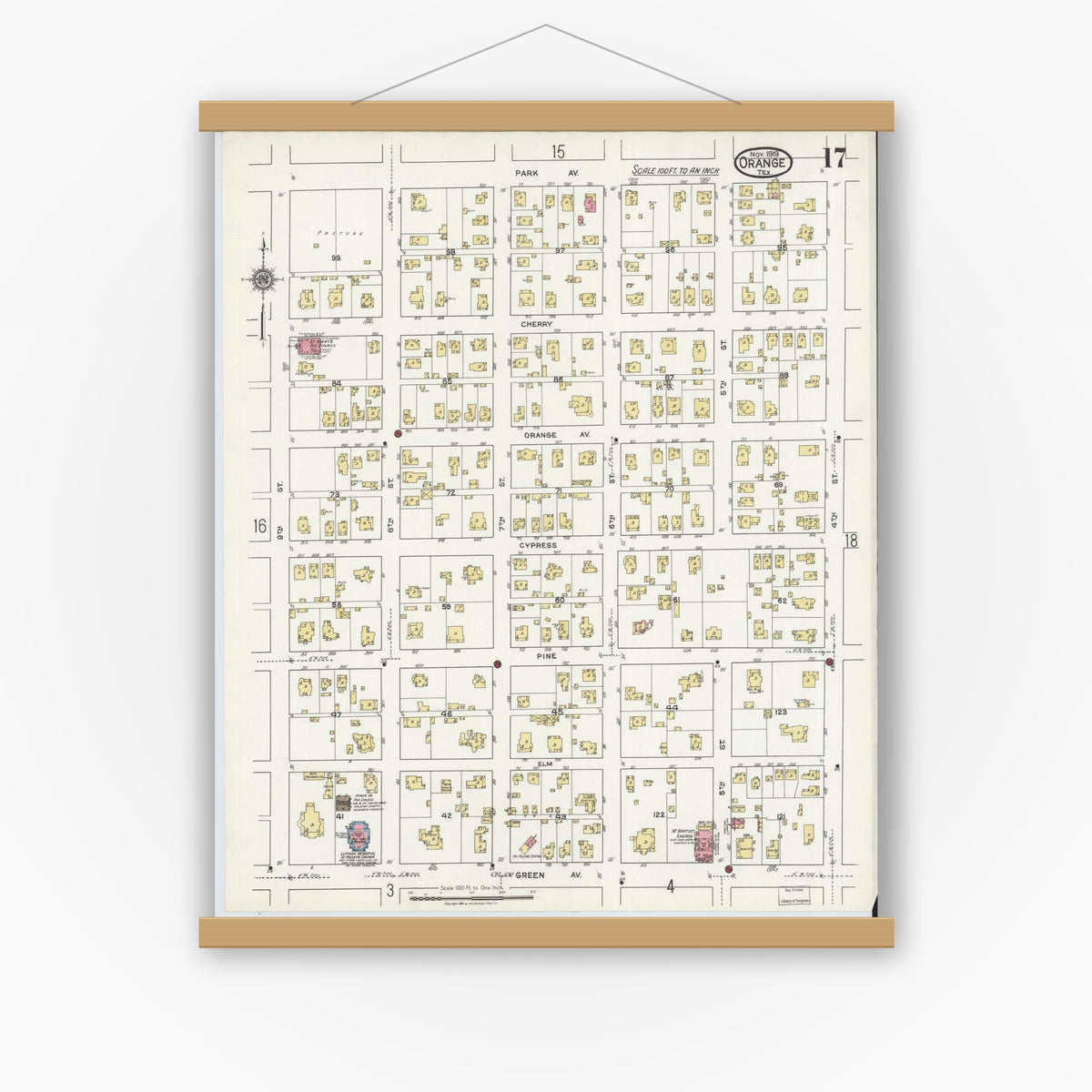 Old map wall art mockup — magnetic wood frame on white wall — Sanborn Fire Insurance Map from Orange, Orange County, Texas (1919), Sheet #0017
