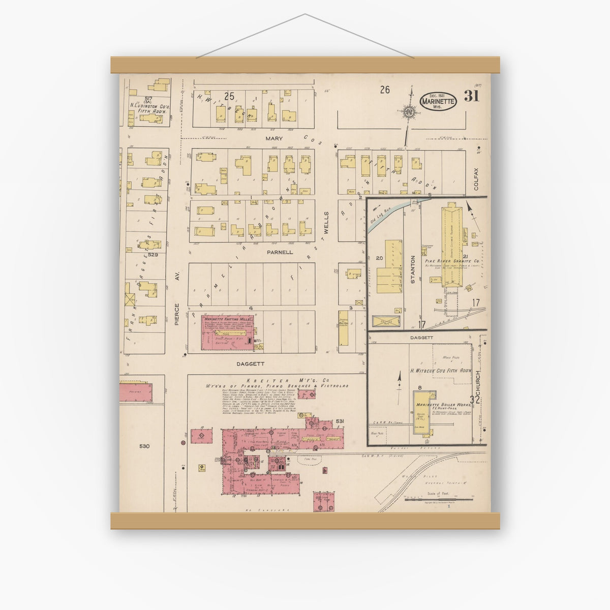 Old map wall art mockup — magnetic wood frame on white wall — Sanborn Fire Insurance Map from Marinette, Marinette County, Wisconsin (1921), Sheet #0031