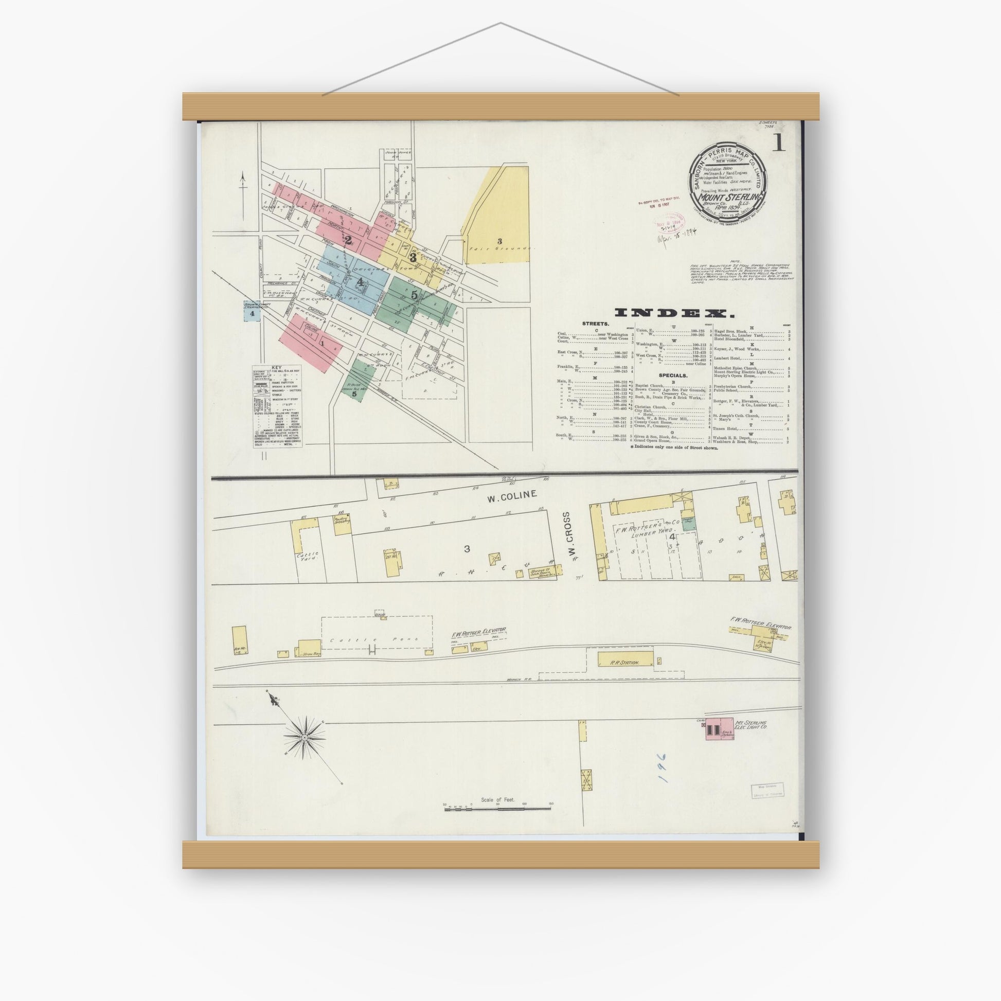 Old map wall art mockup — magnetic wood frame on white wall — Sanborn Fire Insurance Map from Mount Sterling, Brown County, Illinois (1894) - Complete Map Set