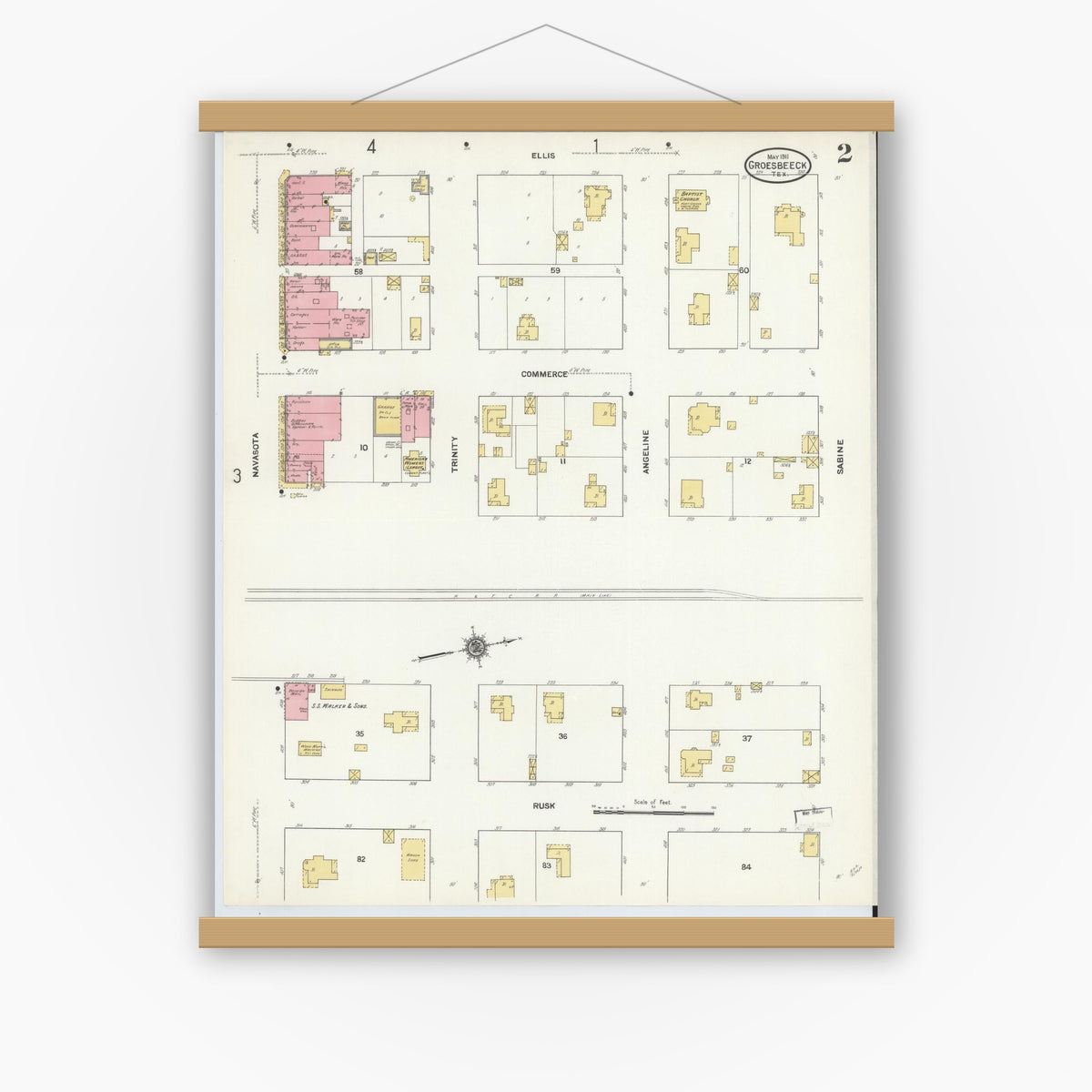 Old map wall art mockup — magnetic wood frame on white wall — Sanborn Fire Insurance Map from Groesbeck, Limestone County, Texas (1911), Sheet #0002