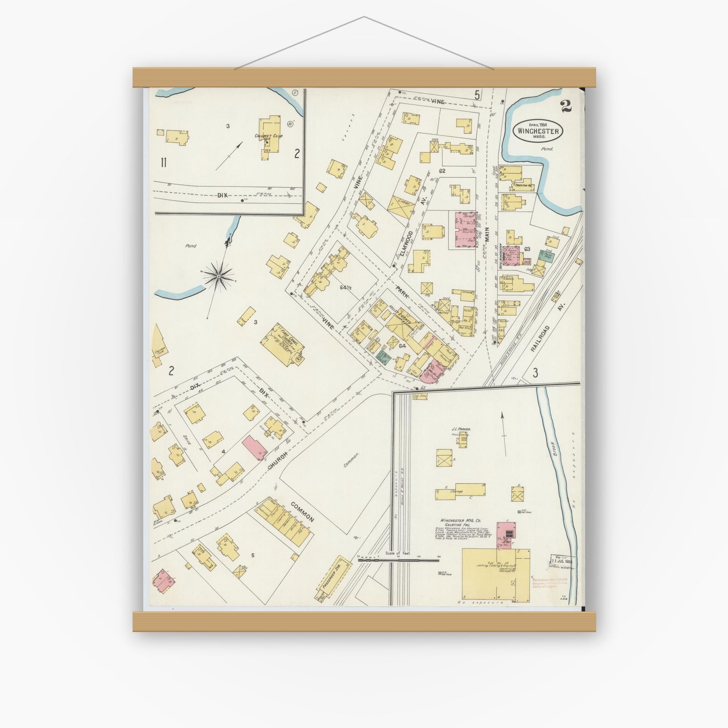 Old map wall art mockup — magnetic wood frame on white wall — Sanborn Fire Insurance Map from Winchester, Middlesex County, Massachusetts (1904), Sheet #0002