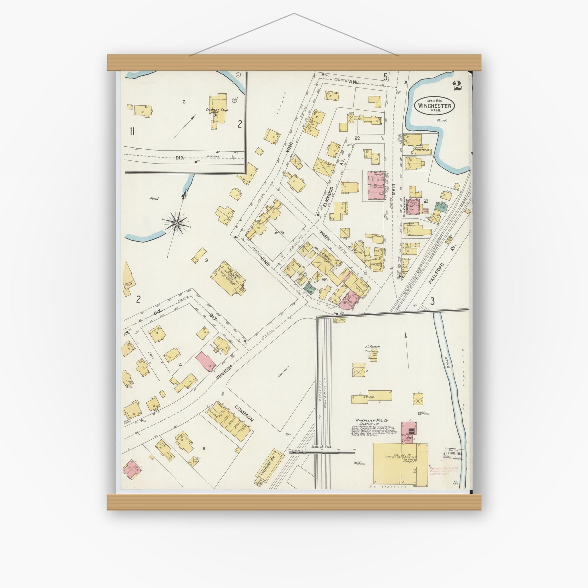 Old map wall art mockup — magnetic wood frame on white wall — Sanborn Fire Insurance Map from Winchester, Middlesex County, Massachusetts (1904), Sheet #0002
