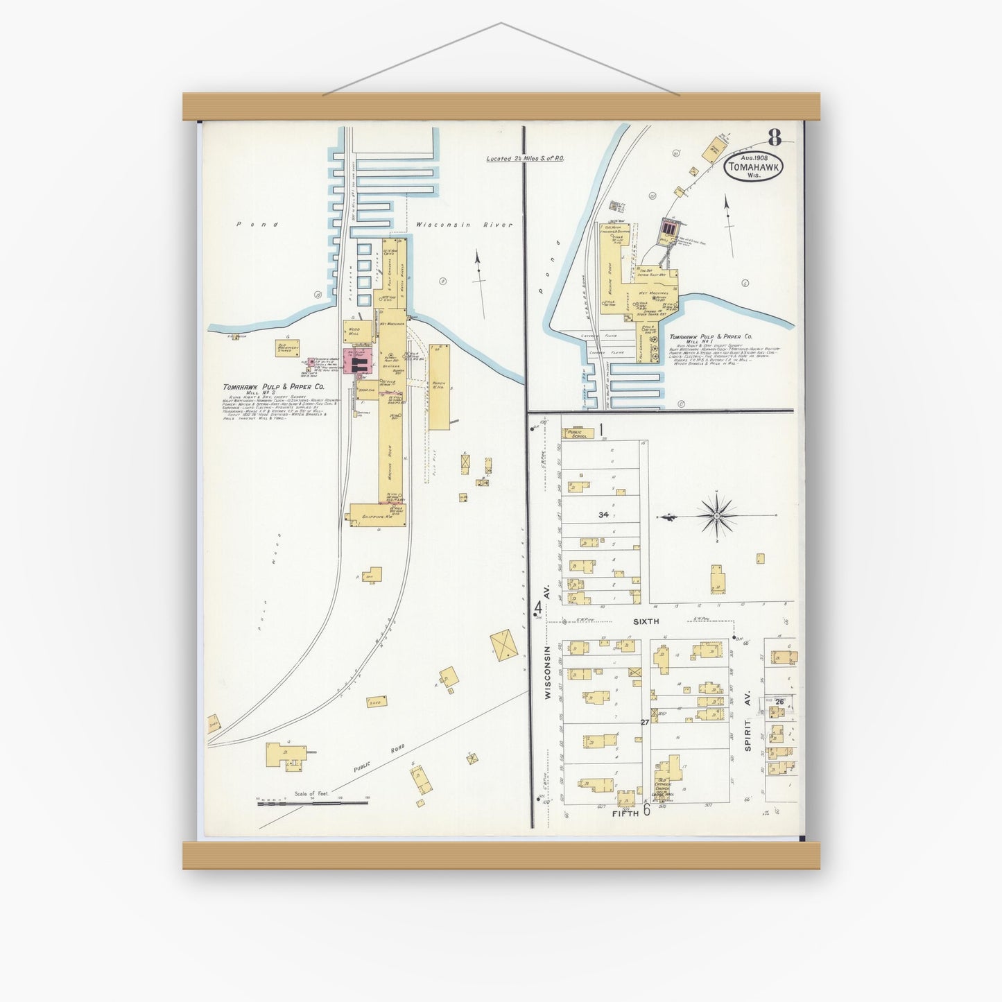 Old map wall art mockup — magnetic wood frame on white wall — Sanborn Fire Insurance Map from Tomahawk, Lincoln County, Wisconsin (1908), Sheet #0008