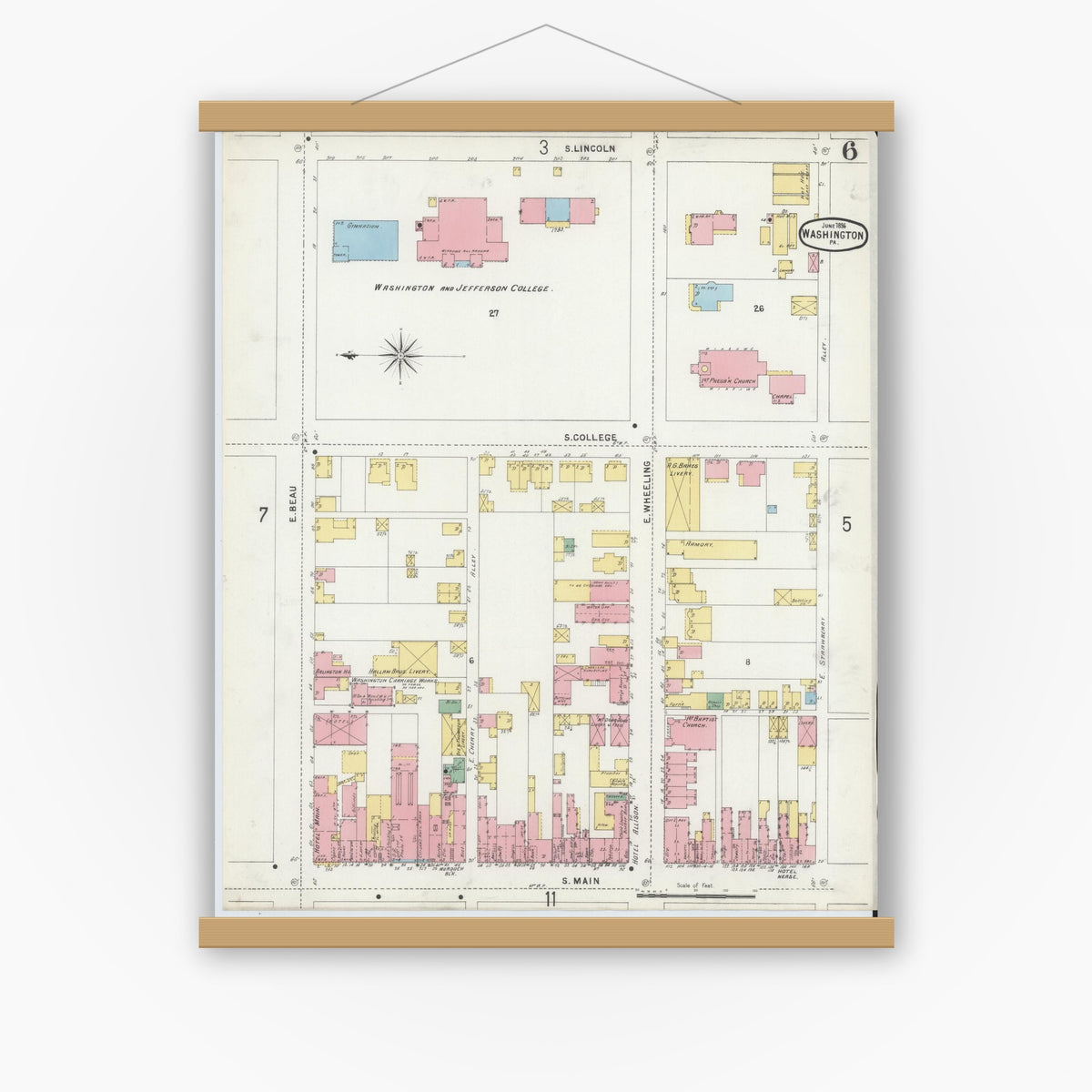 Old map wall art mockup — magnetic wood frame on white wall — Sanborn Fire Insurance Map from Washington, Washington County, Pennsylvania (1896), Sheet #0006