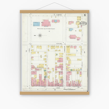 Old map wall art mockup — magnetic wood frame on white wall — Sanborn Fire Insurance Map from Washington, Washington County, Pennsylvania (1896), Sheet #0006