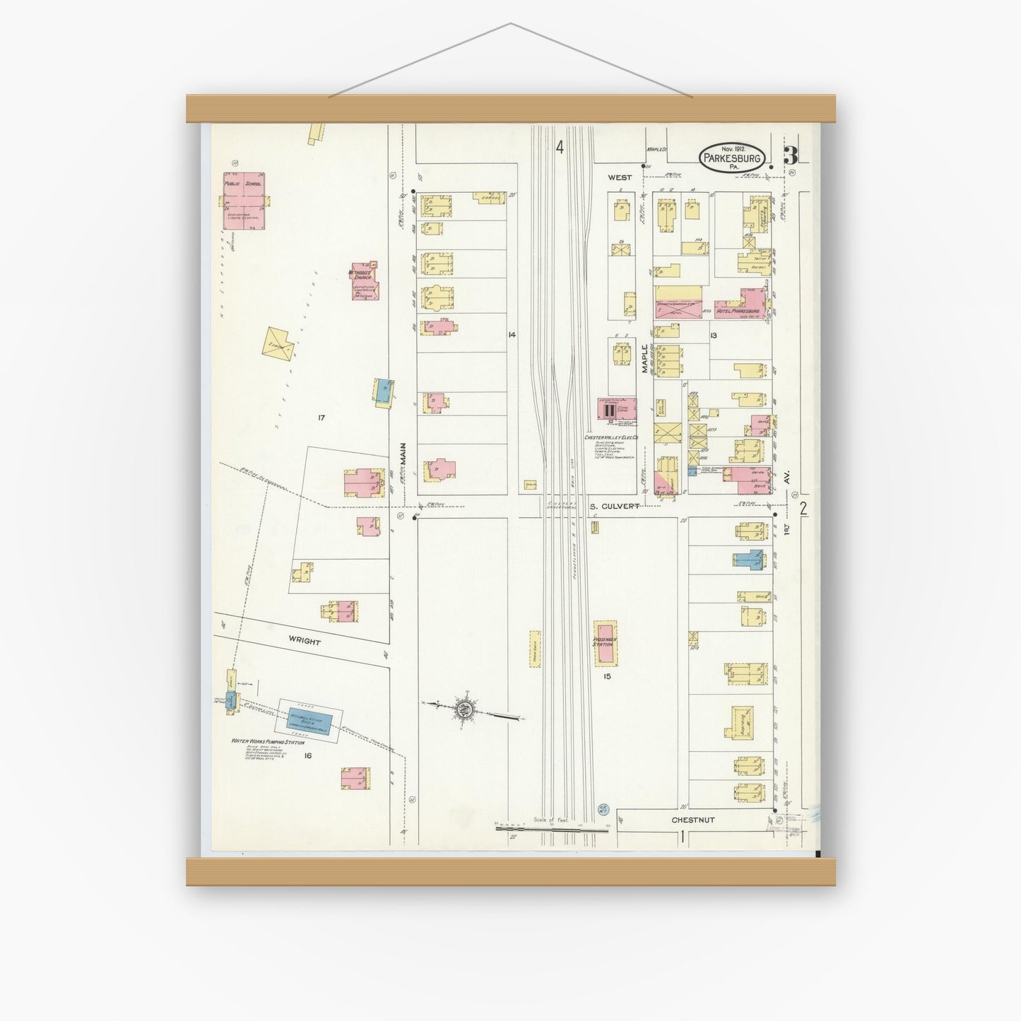 Old map wall art mockup — magnetic wood frame on white wall — Sanborn Fire Insurance Map from Parkesburg, Chester County, Pennsylvania (1912), Sheet #0003