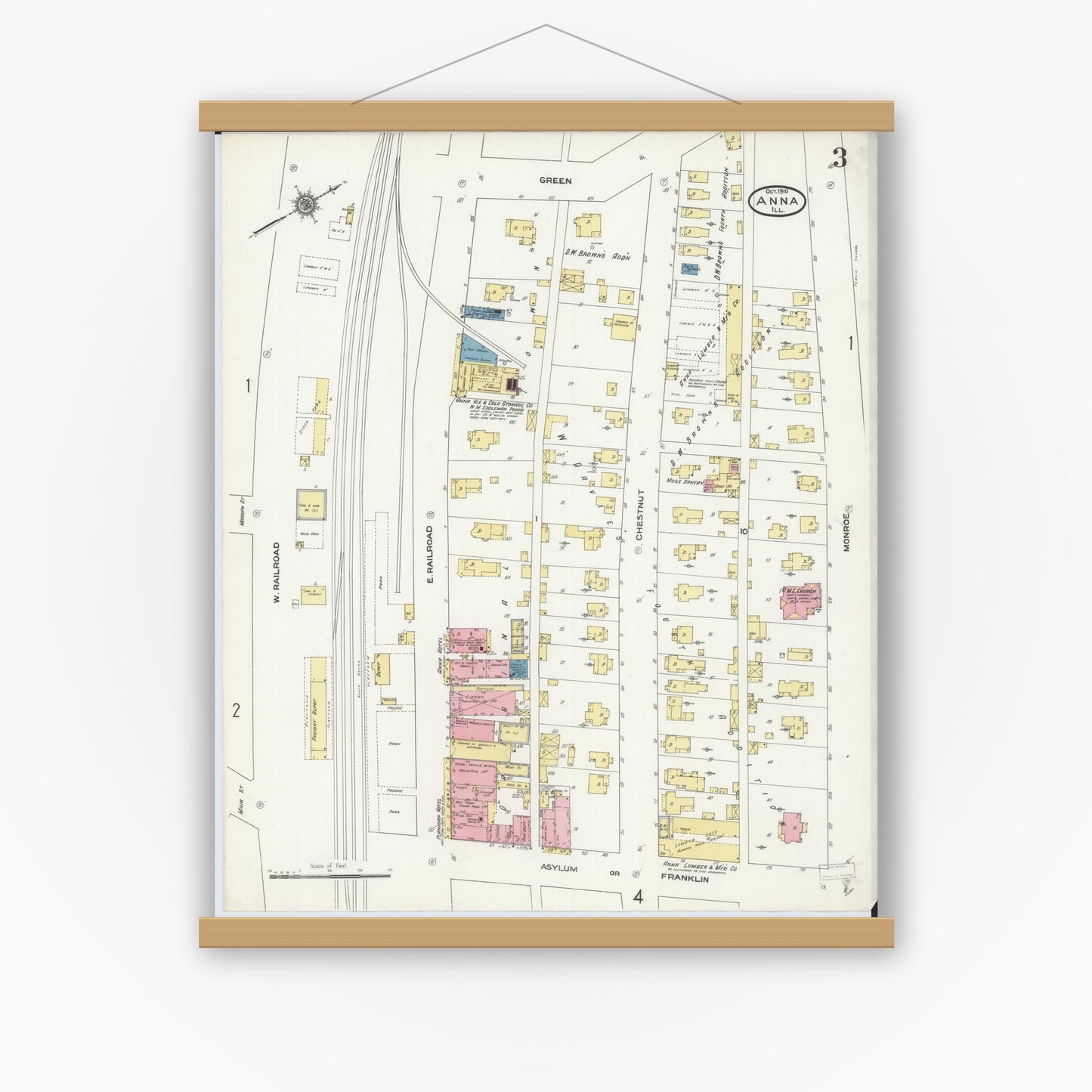 Old map wall art mockup — magnetic wood frame on white wall — Sanborn Fire Insurance Map from Anna, Union County, Illinois (1910), Sheet #0003